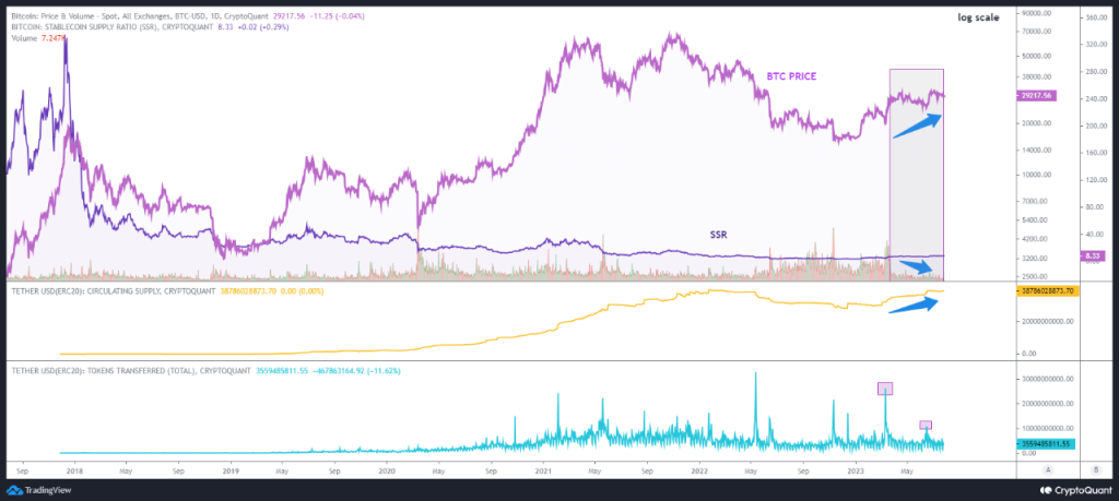 Bitcoin Chart overlayed with the Stablecoin Supply Ratio, Tether Circulating Supply and Transferred Tokens Total.