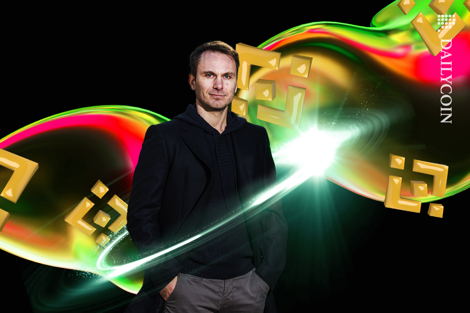 Paolo Ardoino CTO of Tether, standing in front of liquid motion of Binance.