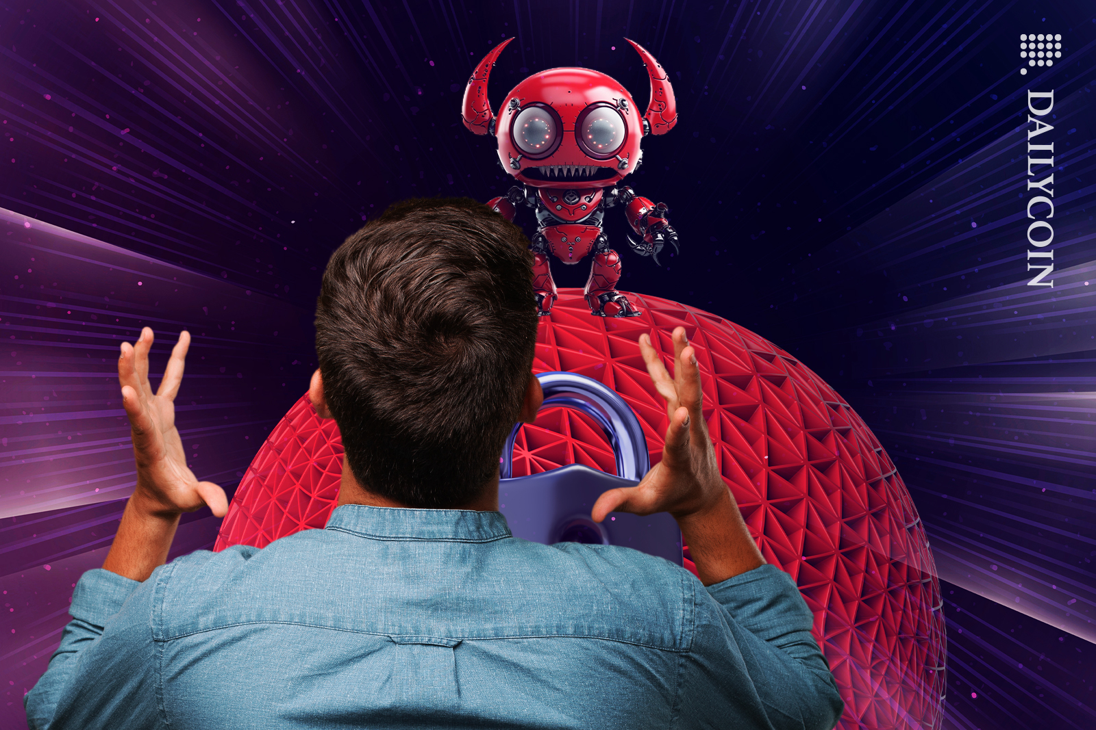 Little evil robot standing on a locked internet sphere, man loking at him frustrated.
