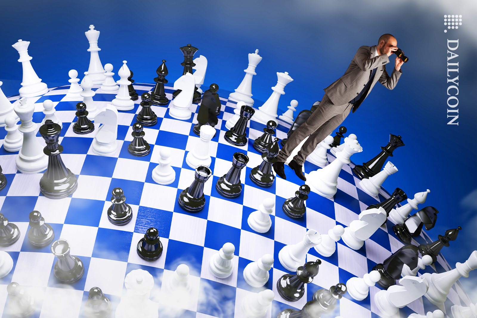 Man waiting on a circular chess board for his opponent to come back and finish a game of chess.