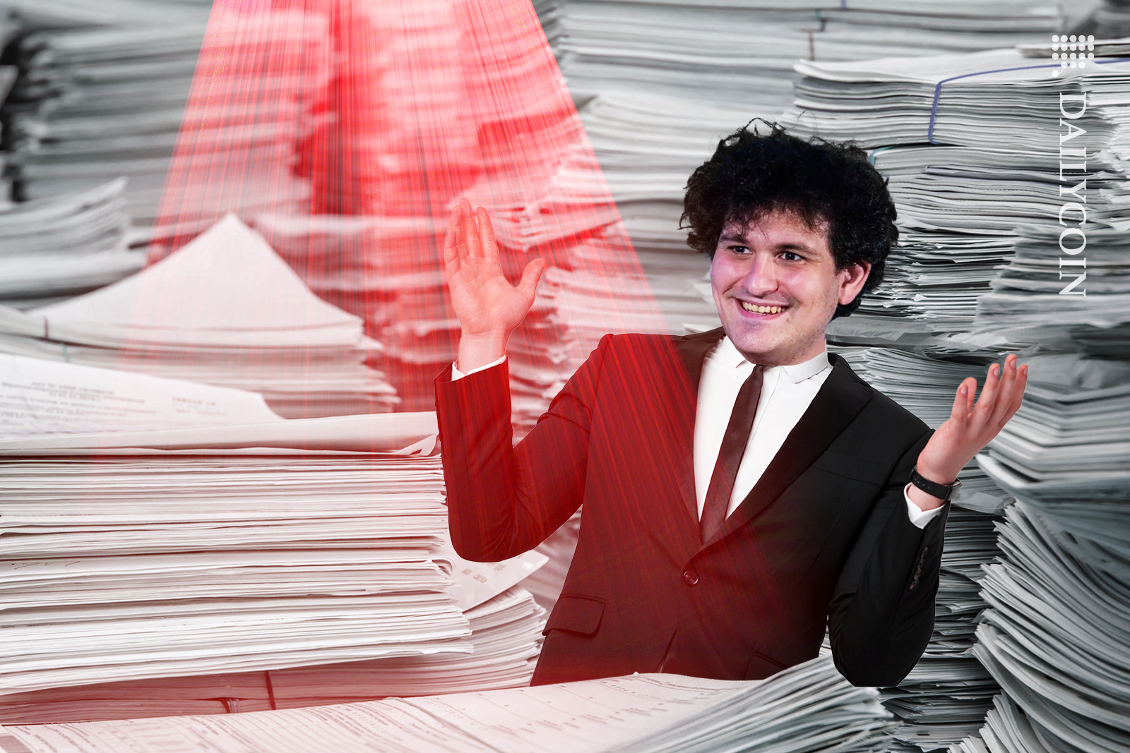 Sam Bankman happy in between court case papers, with one of the documents highlighted in red.