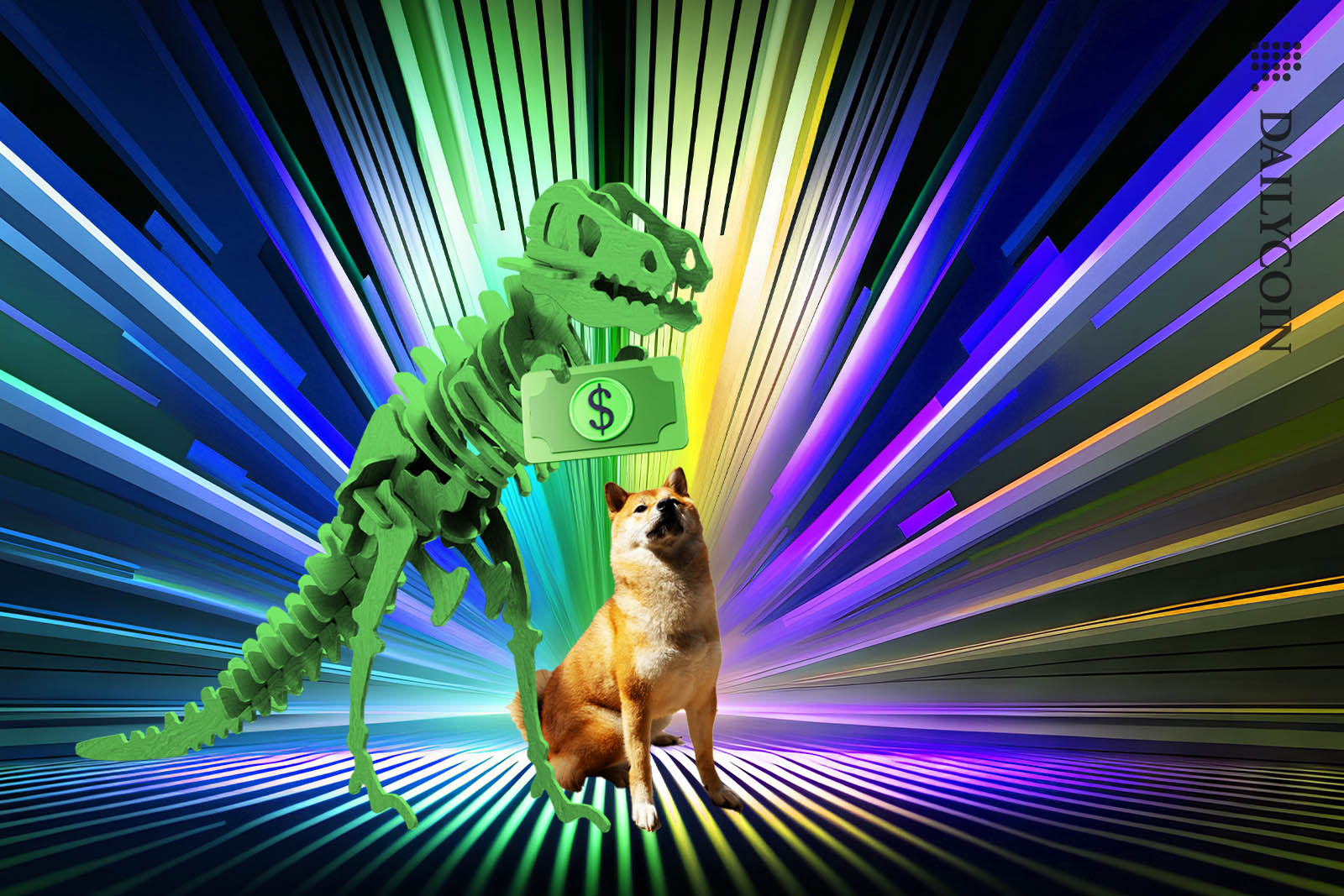 shiba inu looking up at a green dinosaur made of bones holding a dollar,