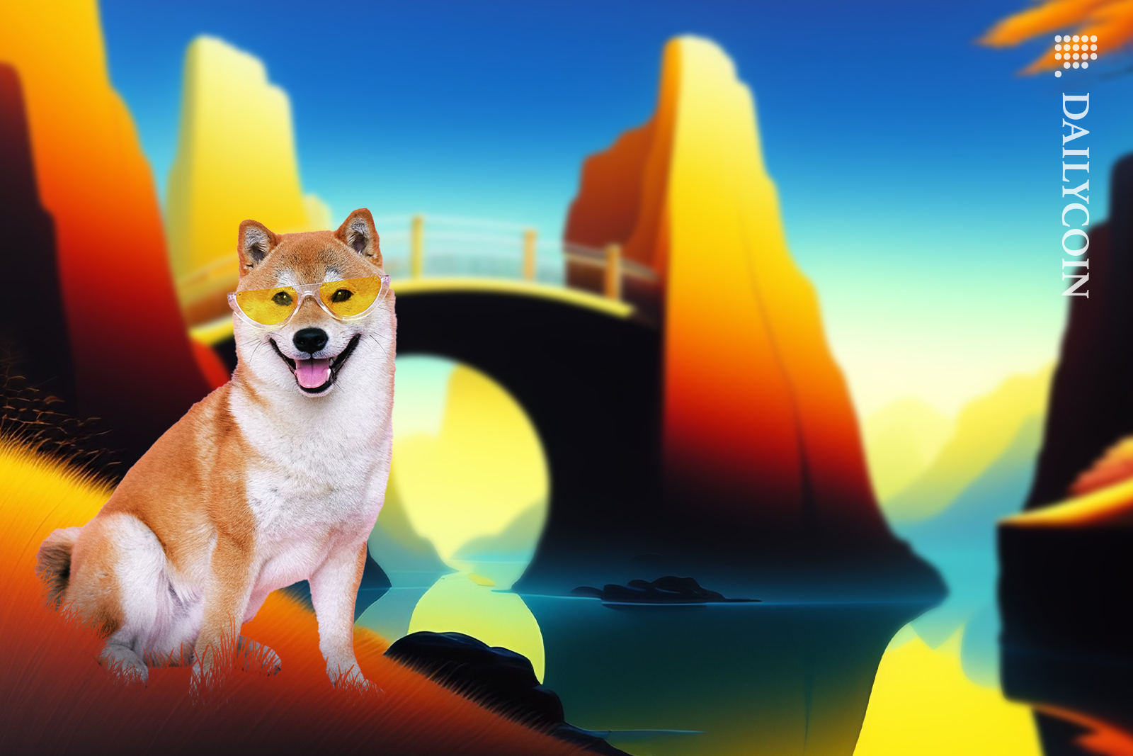 Shiba Inu with sunglasses, enjoying the new landscape with a bridge.