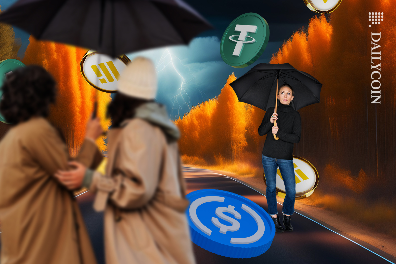 Stablecoins caught up in a storm, raining down on people with umbrellas.