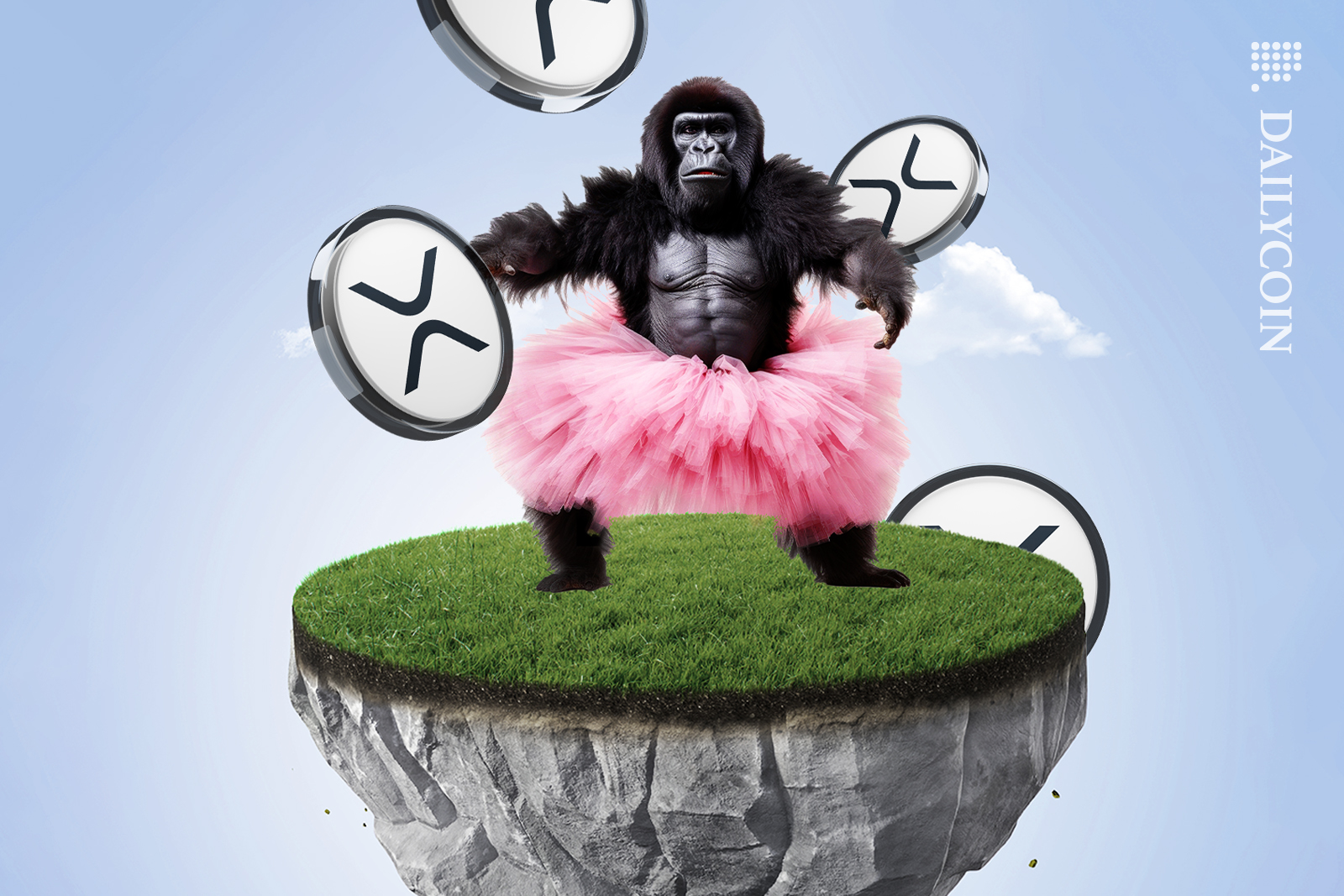 Gorilla in a tutu on has Ripple XRP coins floating.