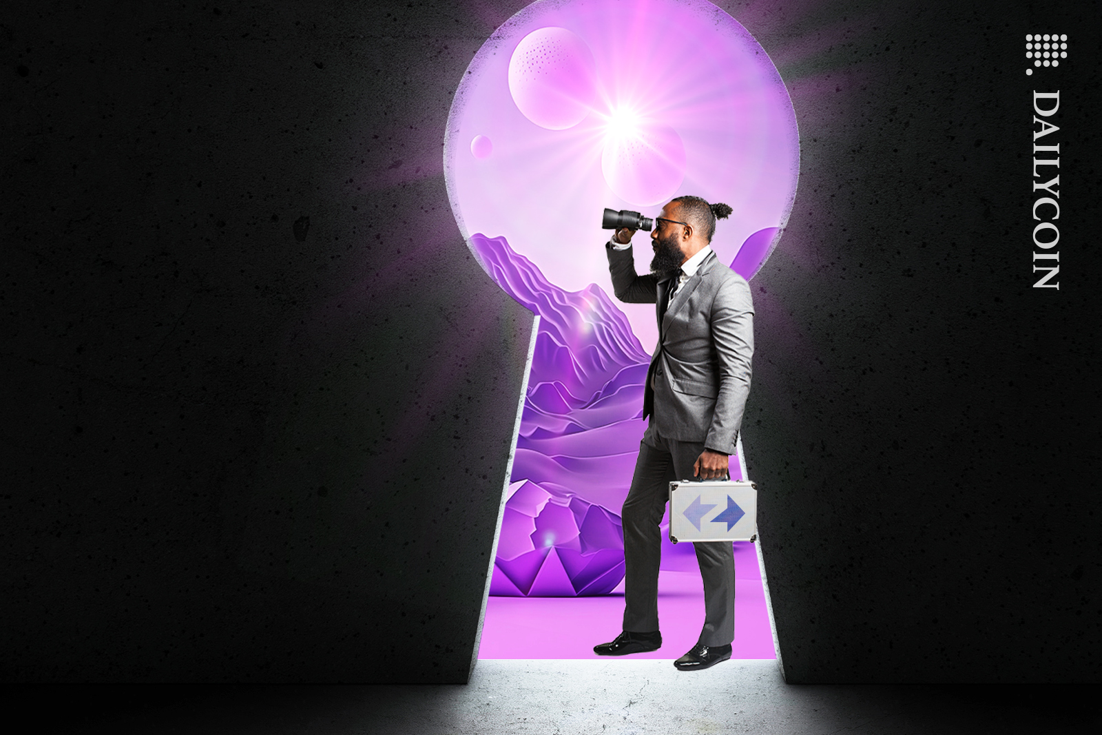 Man looking at the new zkSync environment through a keyhole door.