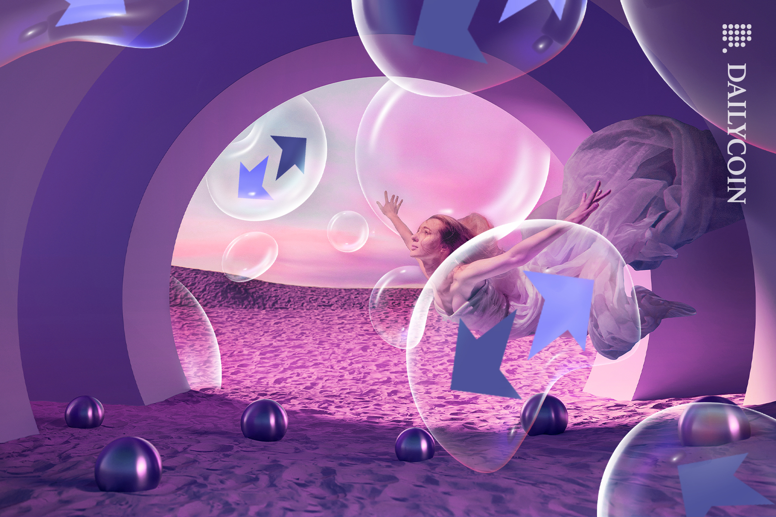 Woman floating freely through zkSync land of bubbles.