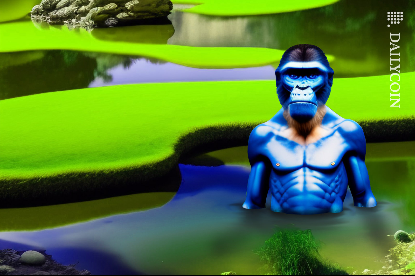 Large blue ape looking unhappy whilst sinking in water in a swamp.