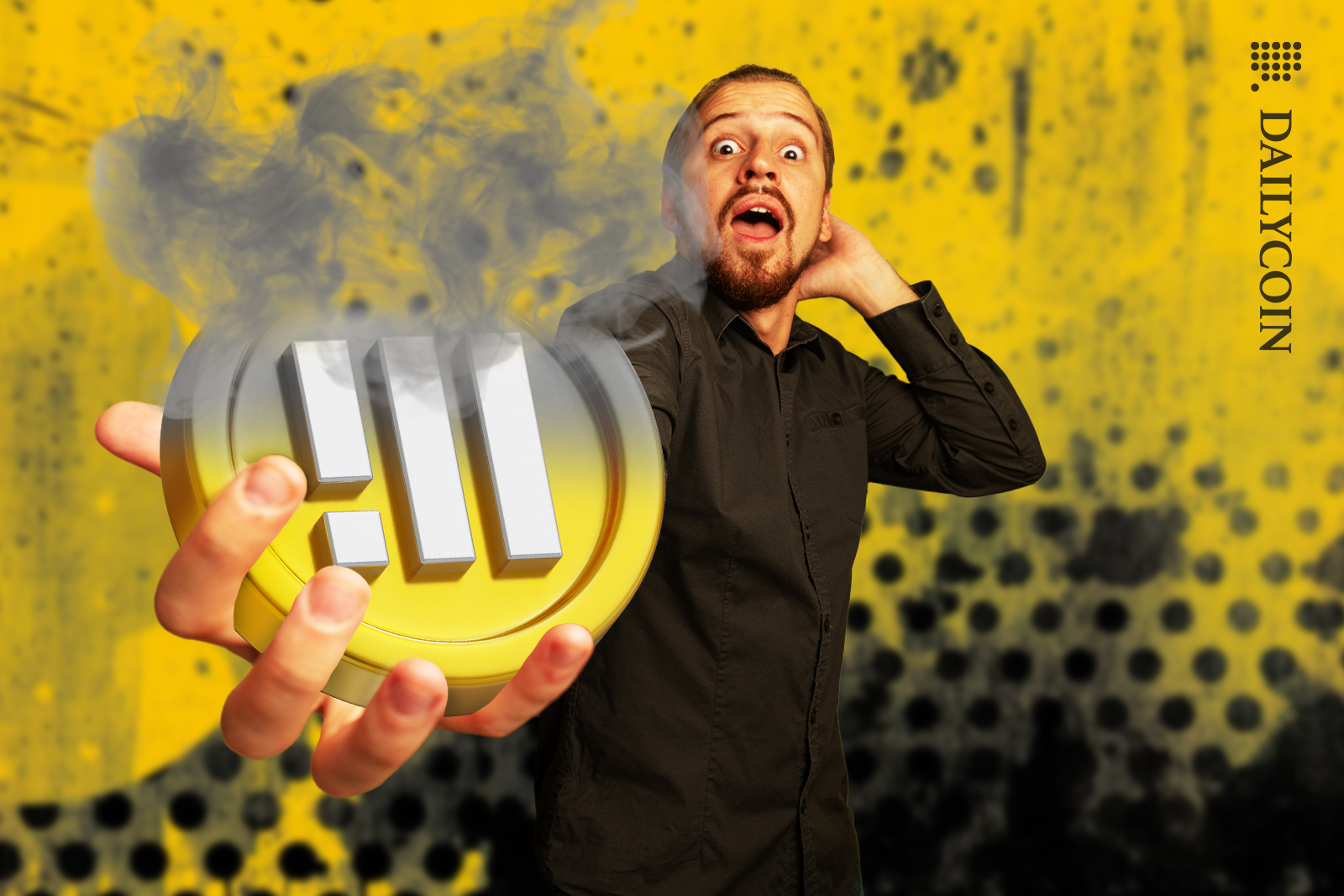 Man Holding a BUSD coin and its disappearing into thin air.