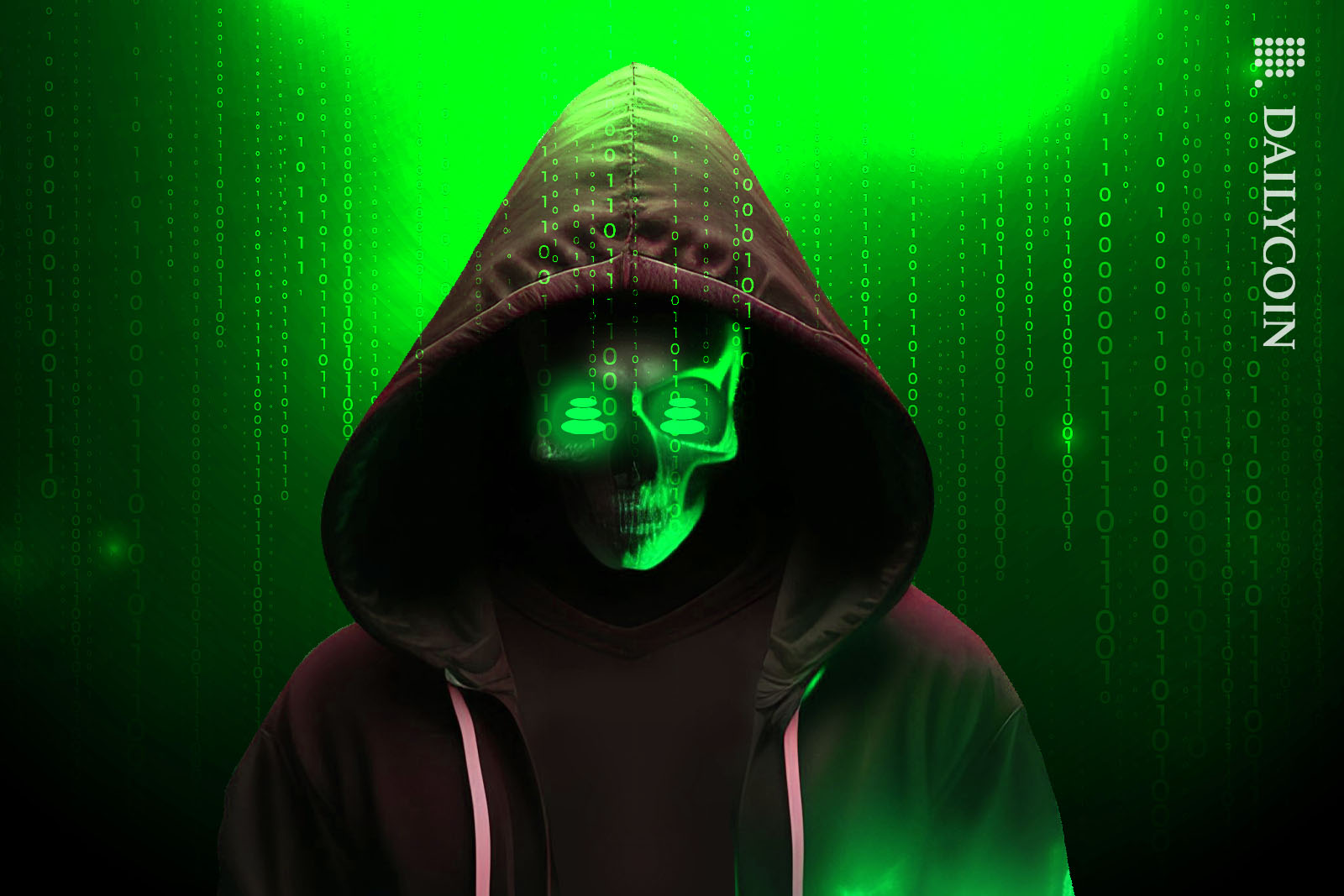 A spooky looking skeleton in a hoogie staring at the camera with glowing eyes resembling the Balancer logo.