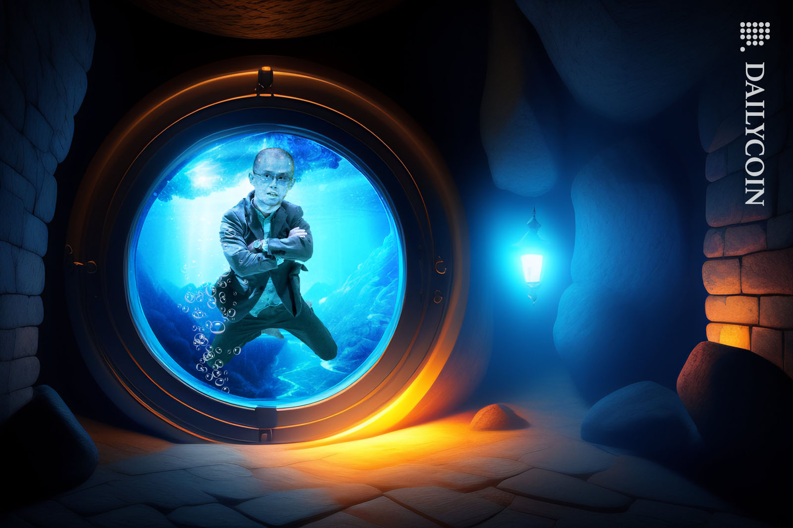 Window on a cave shows Changpeng Zhao floating underwater.