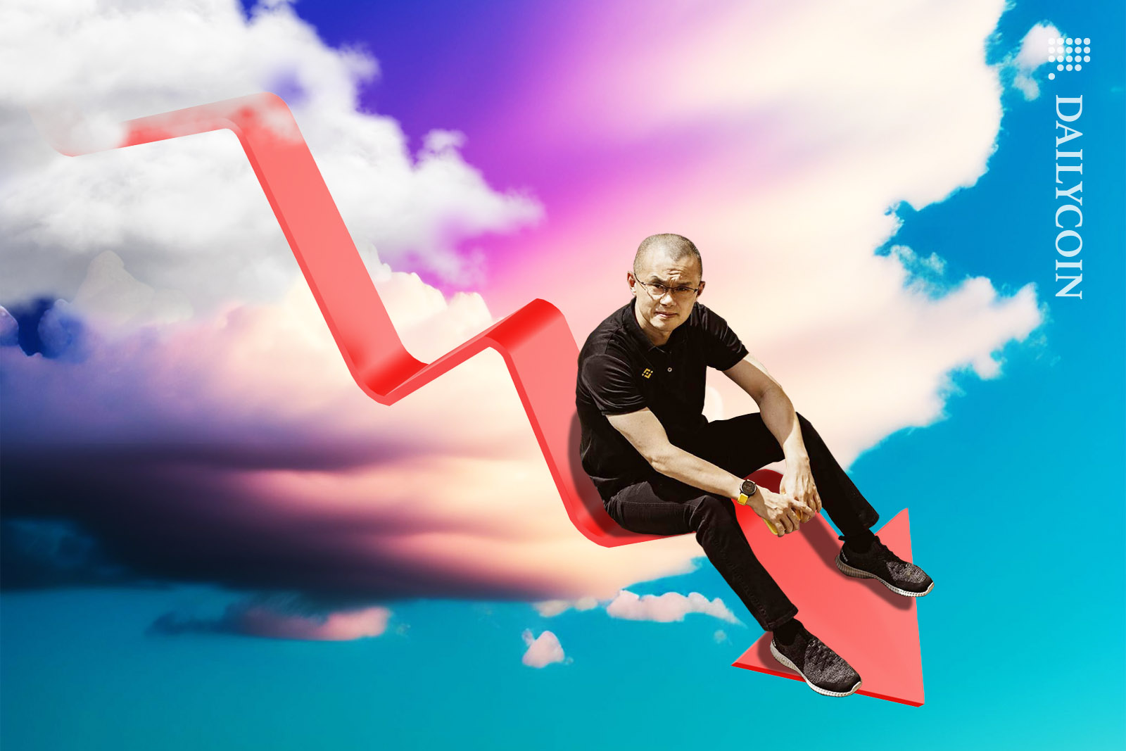 Changpeng Zhao sitting on a red downward arrow coming from the sky.