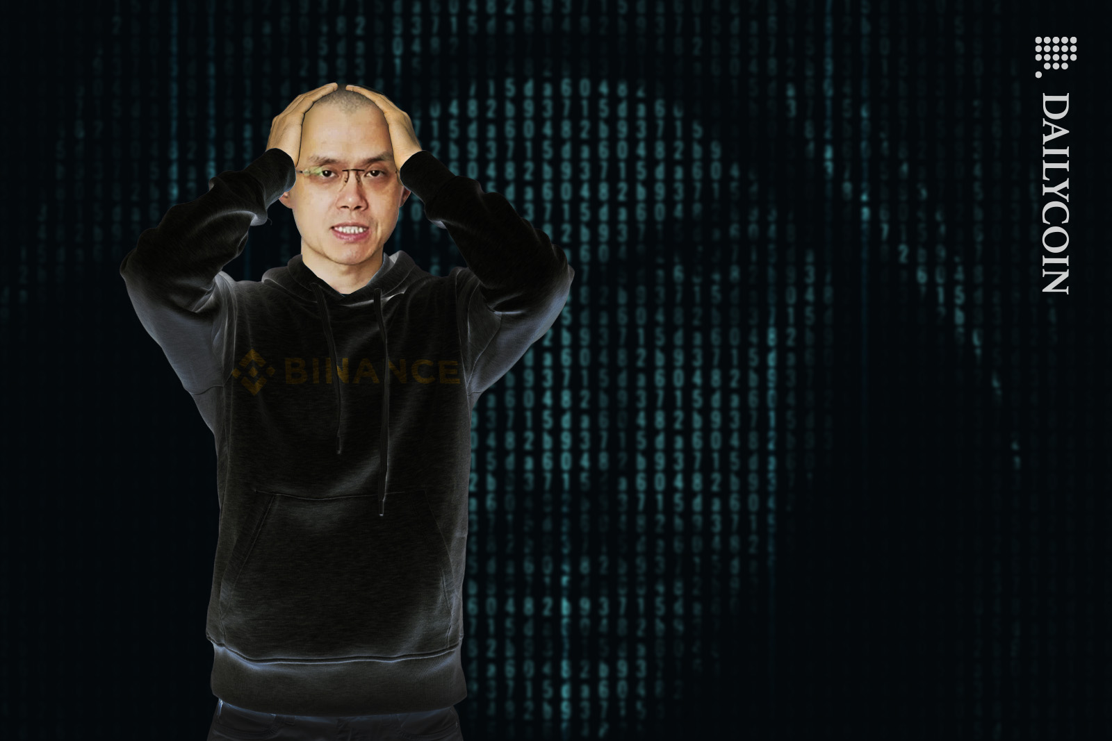 Changpeng Zhao looking worried with a large face of a hacker in the background.