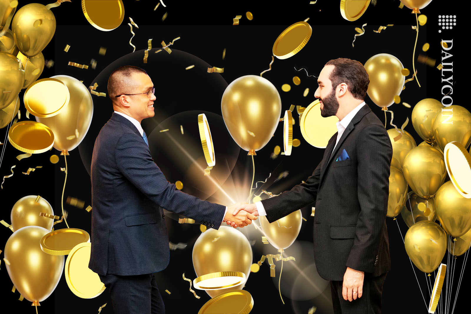Nayib Bukele and Changpeng Zhao shaking hands surrounded by balloons, coins and confetti.