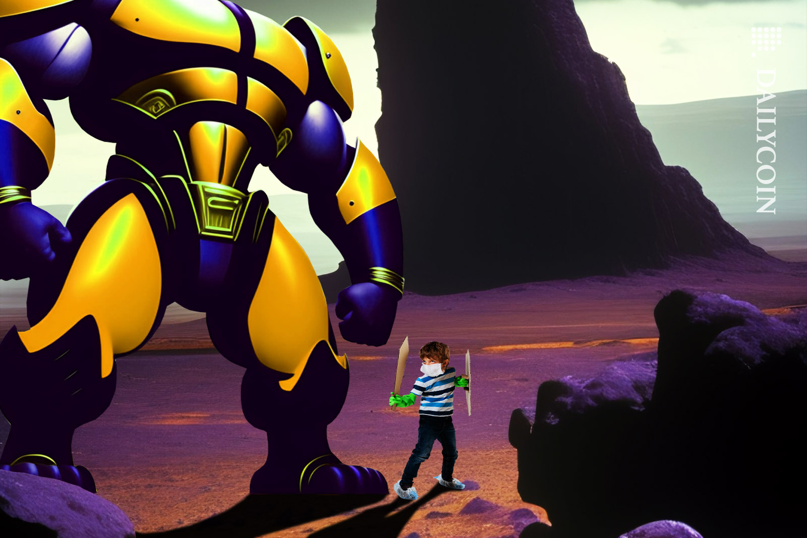 Small kid with cardboard sword and shield fighting a huge powerfull yellow robot.