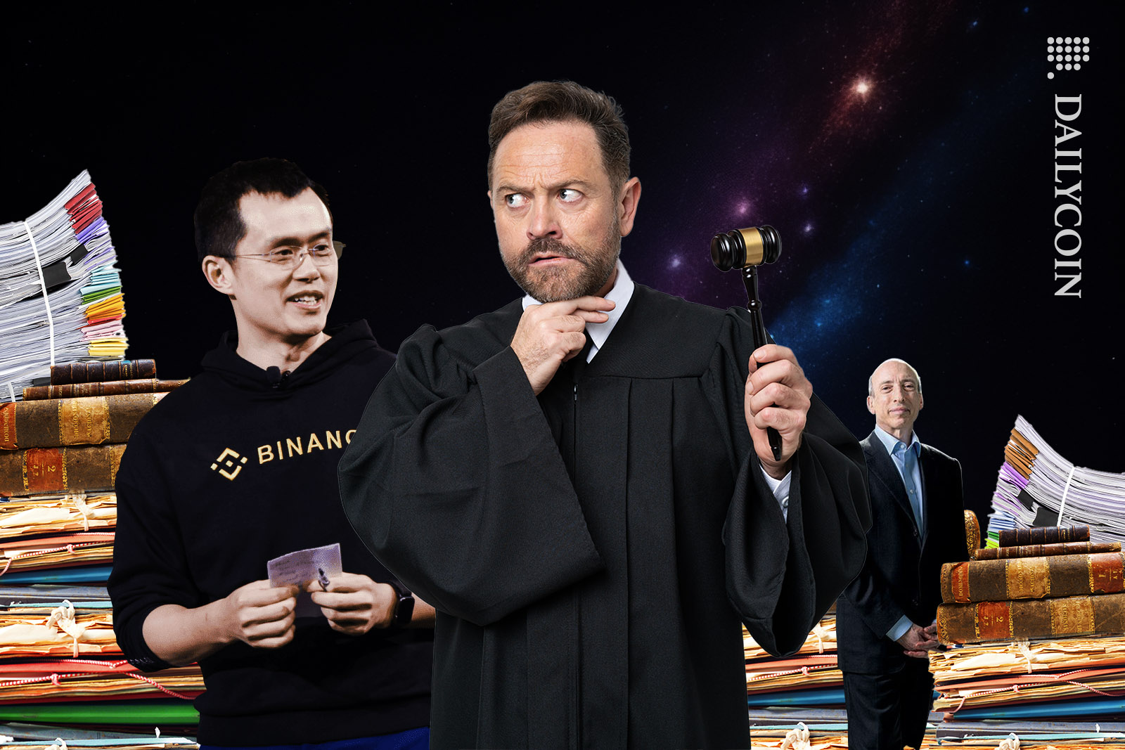 Changpeng Zhao and Gery Gensler standing behind a very confused judge.