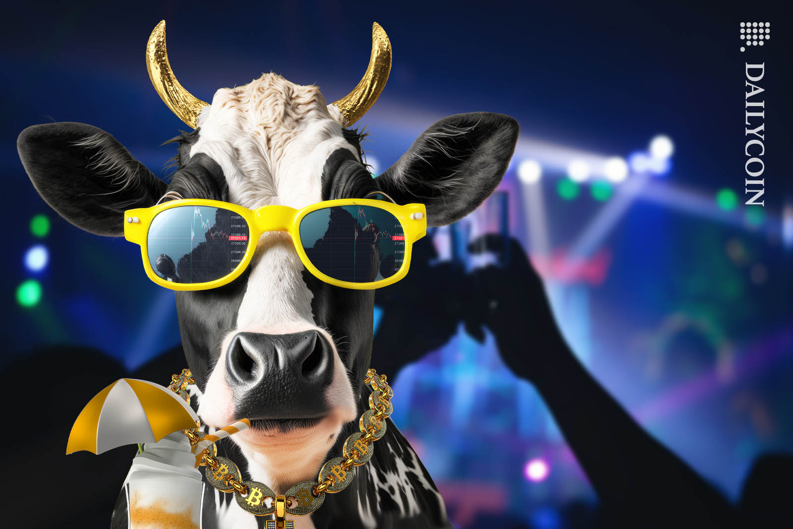 Bitcoin bull enjoying a cocktail in celebration of Bitcoin price shooting up.