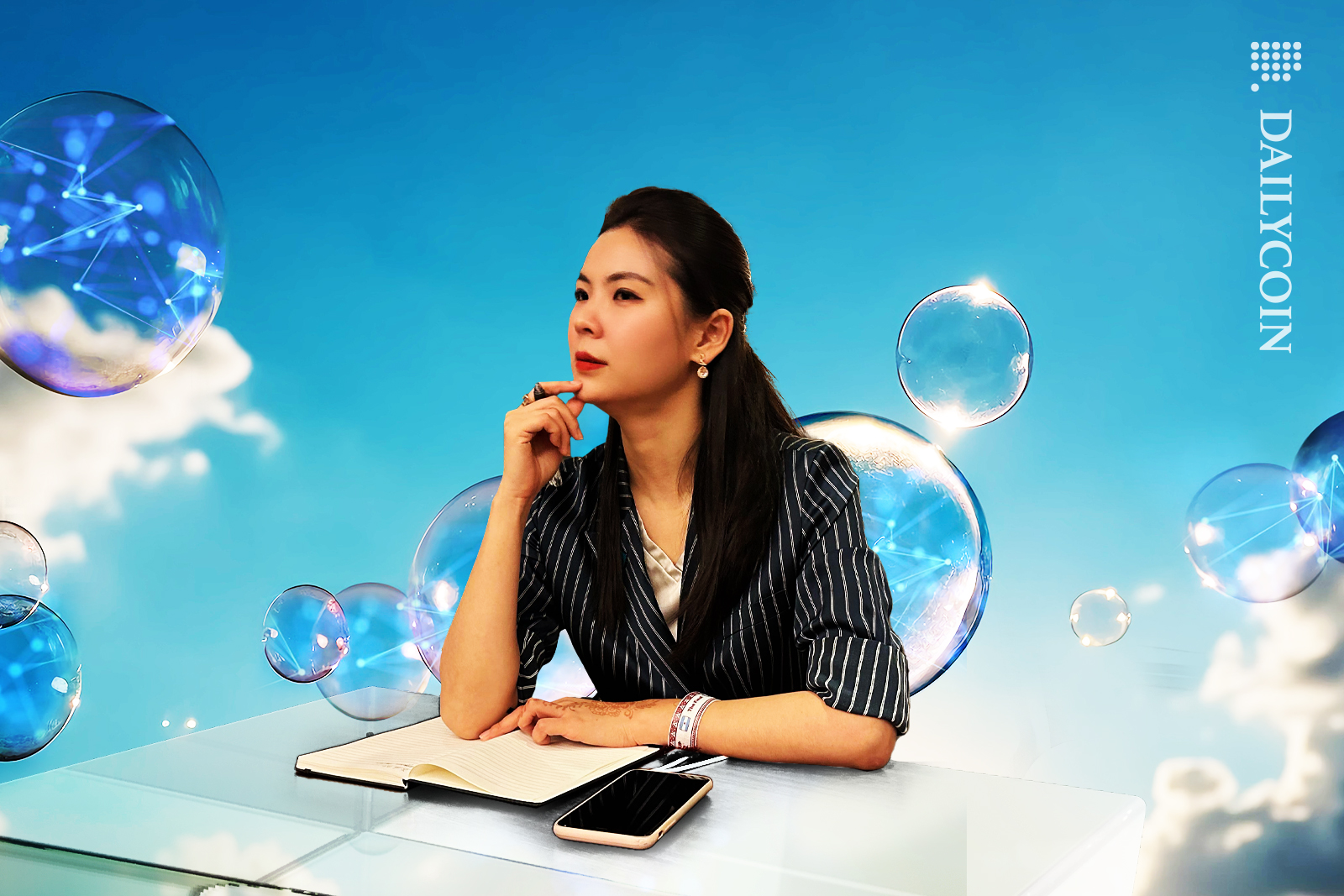 Bitget's Gracy Chen surrounded by transparent DEFI bubbles.