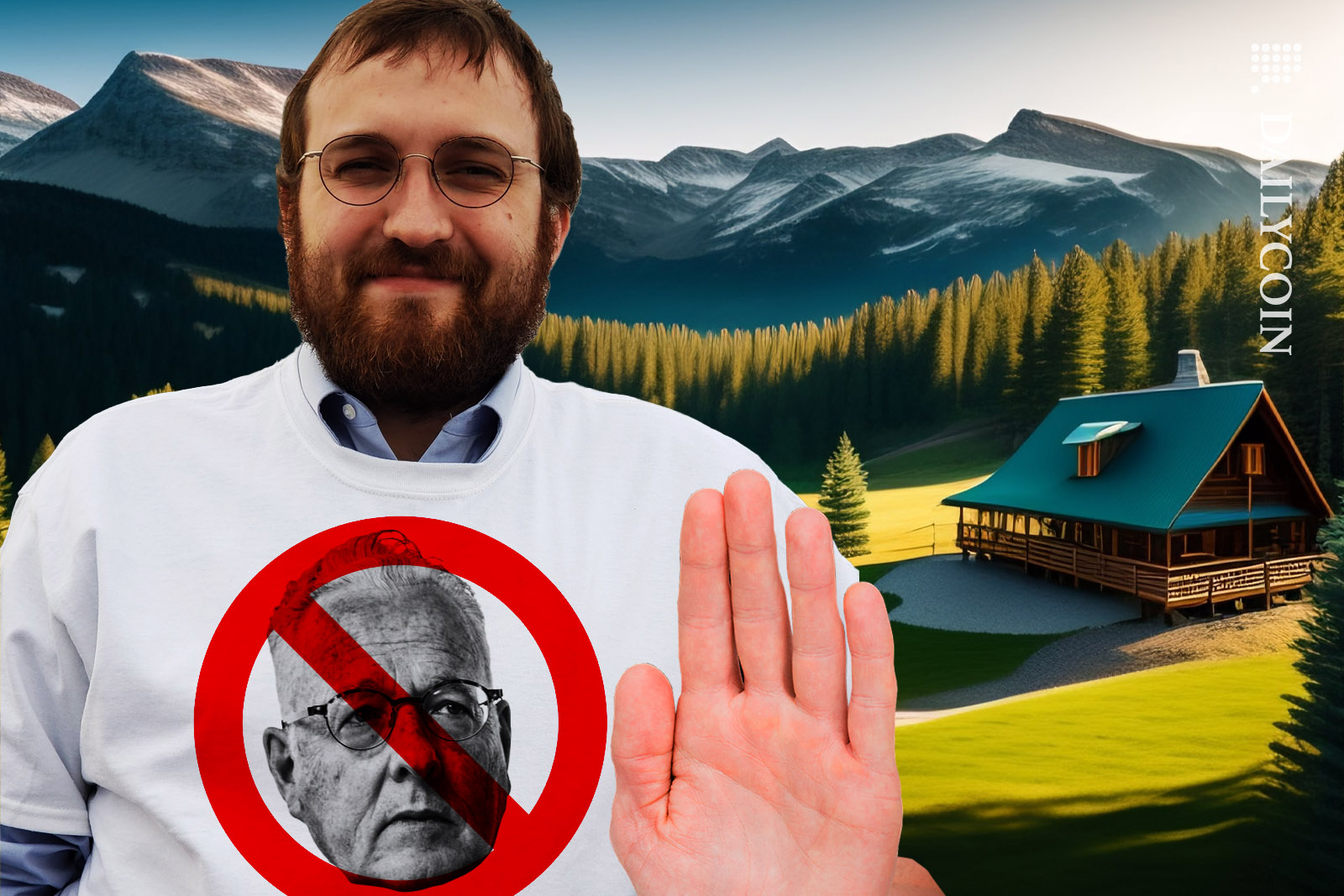 Charles Hoskinson wearing a NO HINMAN t-shirt in front of a ranch in the mountains.
