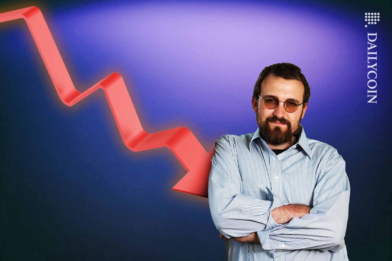 Charles Hoskinson confidently leaning on a red downward arrow.
