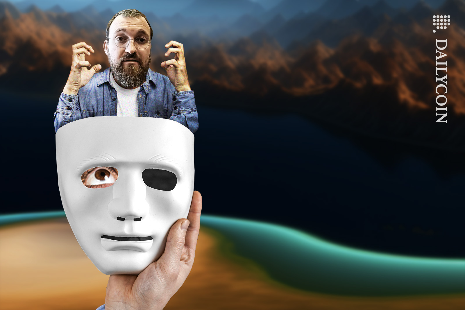 Charles Hoskinson being unamused from behing a large mask held by a hand.