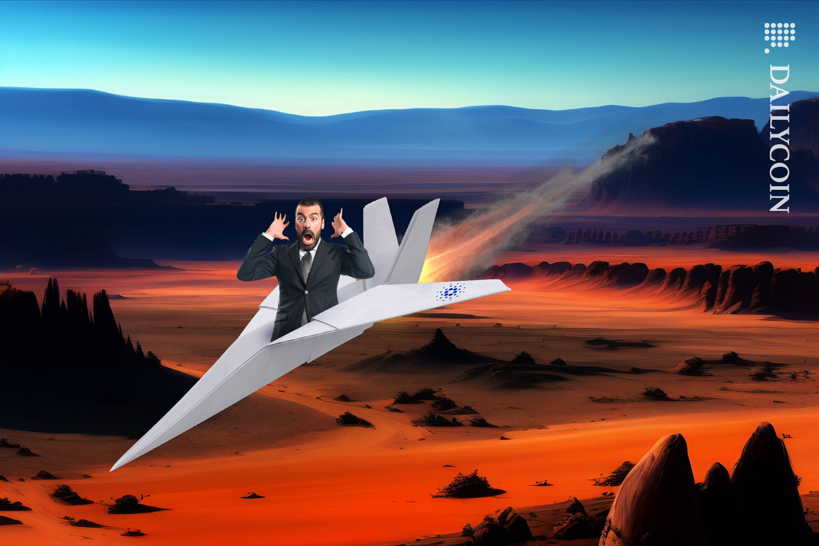 Cardano paper aeroplane crashing down with a panicking man onboard.