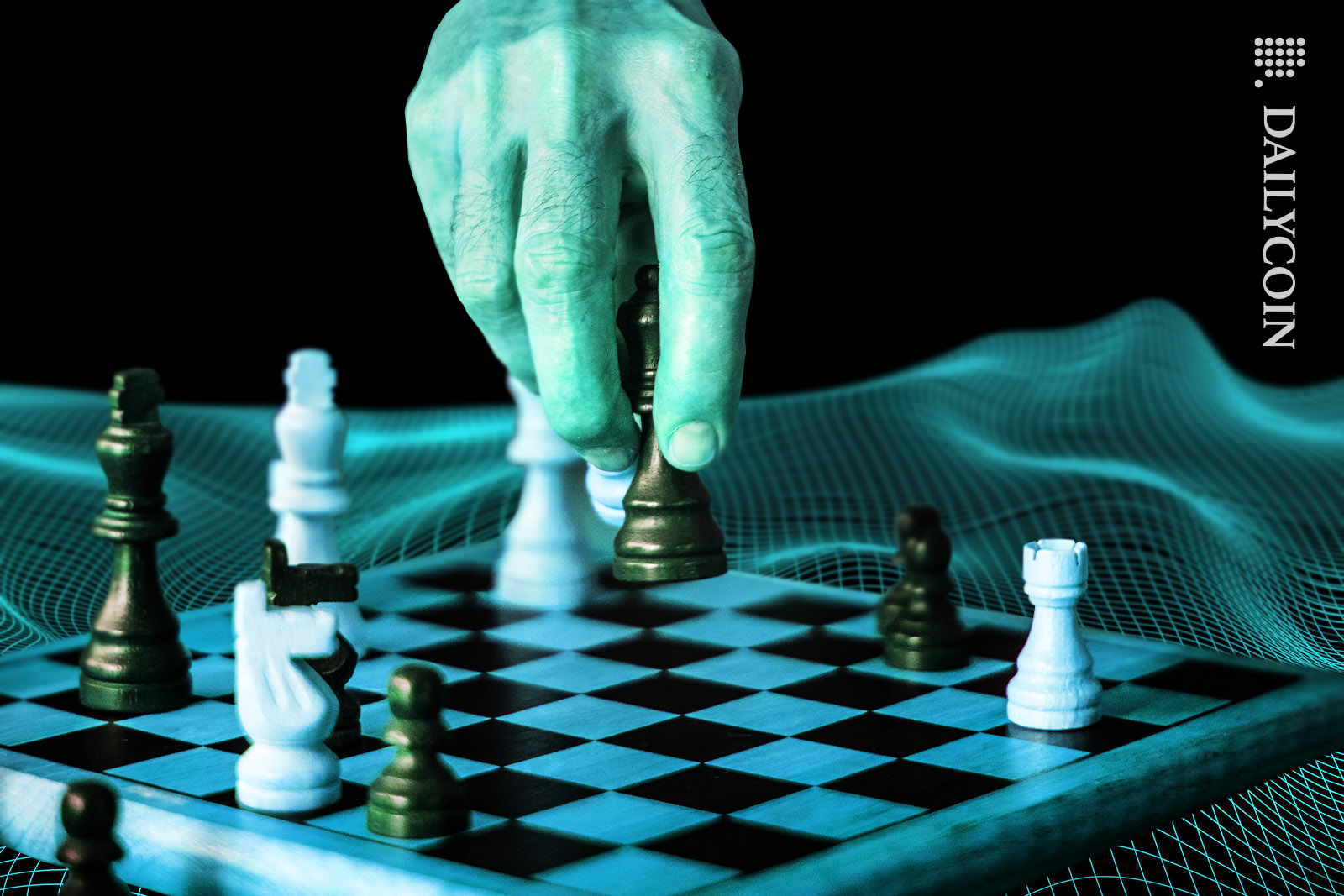 Hand moving a chess figure on a chessboard.