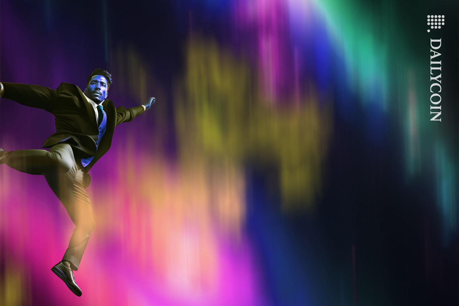 Desperate man freefalling in infinite colourful space.