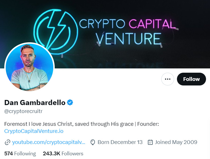 Dan Gambardello Cardano influencer X account.