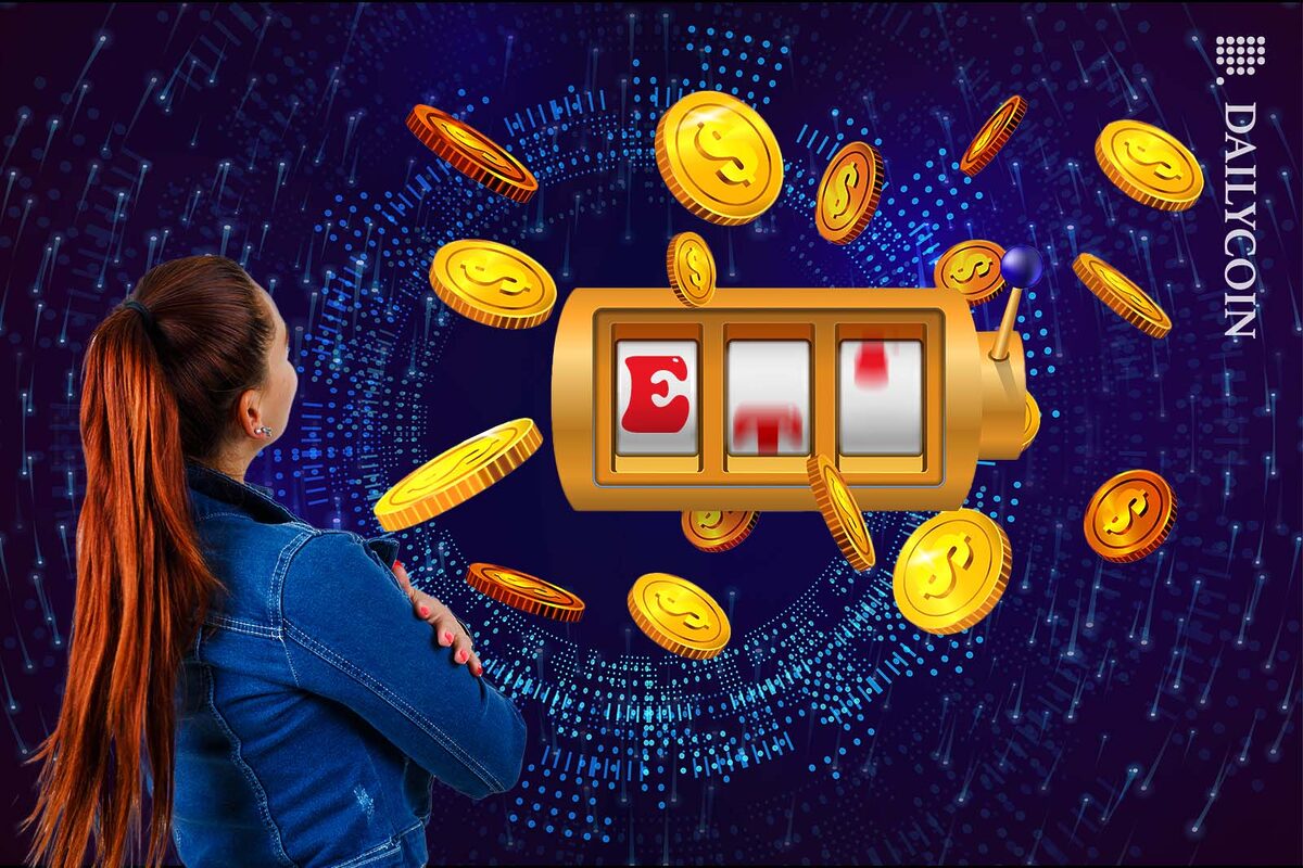 Young Woman waiting for the HBAR ETF slot machine to stop spinning.