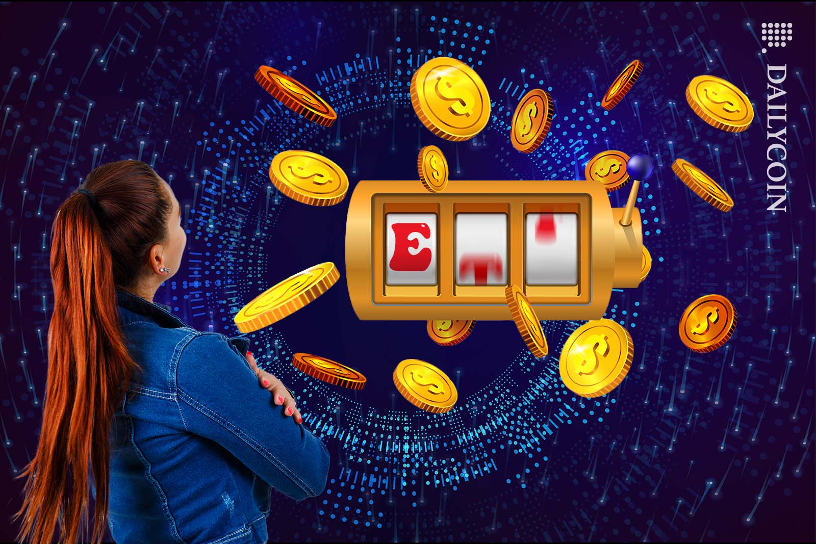 Young Woman waiting for the HBAR ETF slot machine to stop spinning.