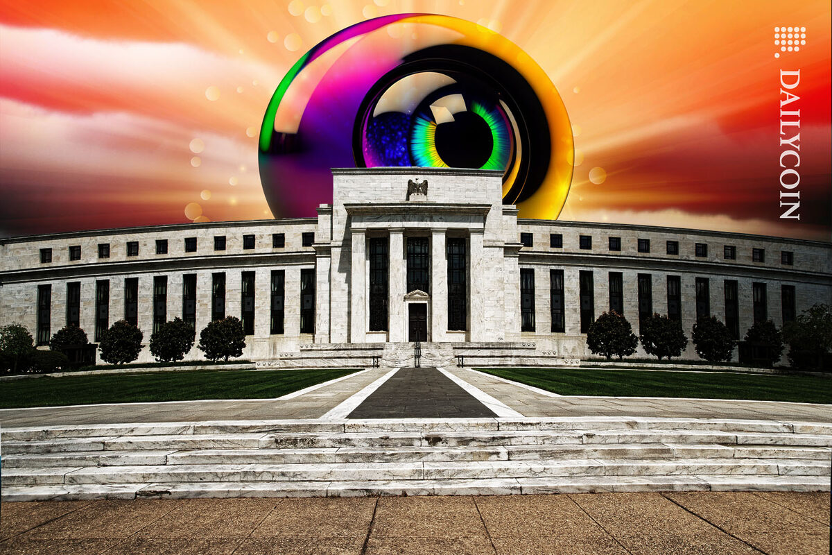 Huge eyeball arising from behind the federal reserve building in Washigton.