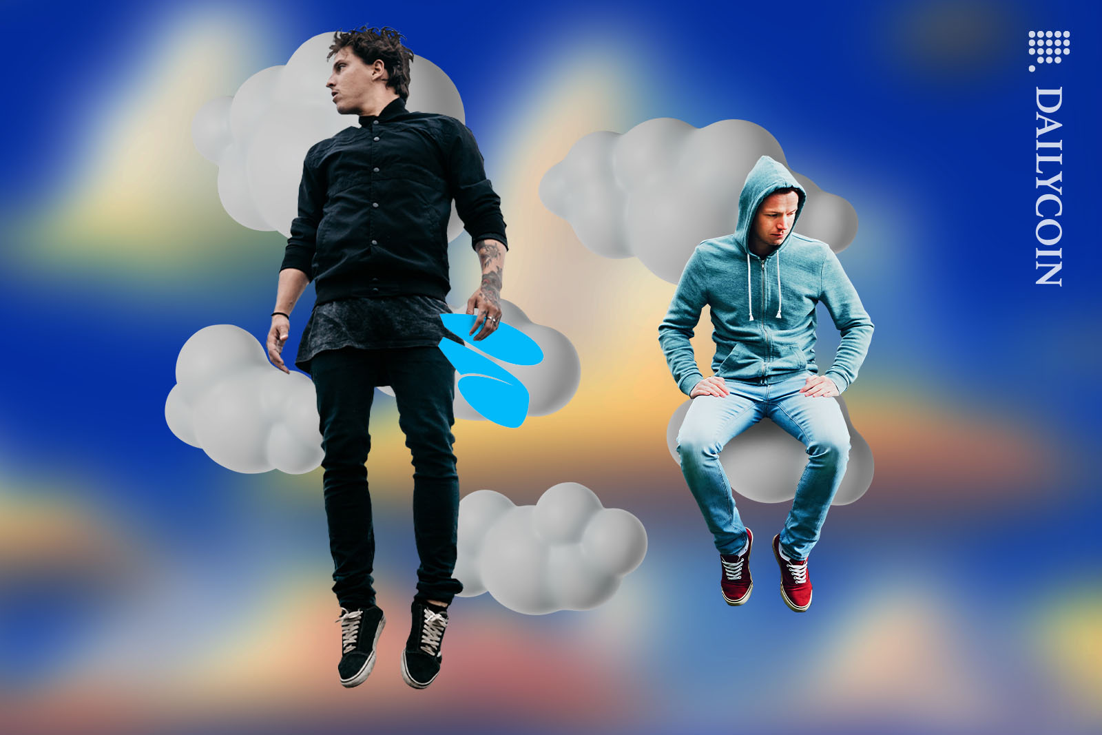 Two friends being sad and drifting away in the clouds.