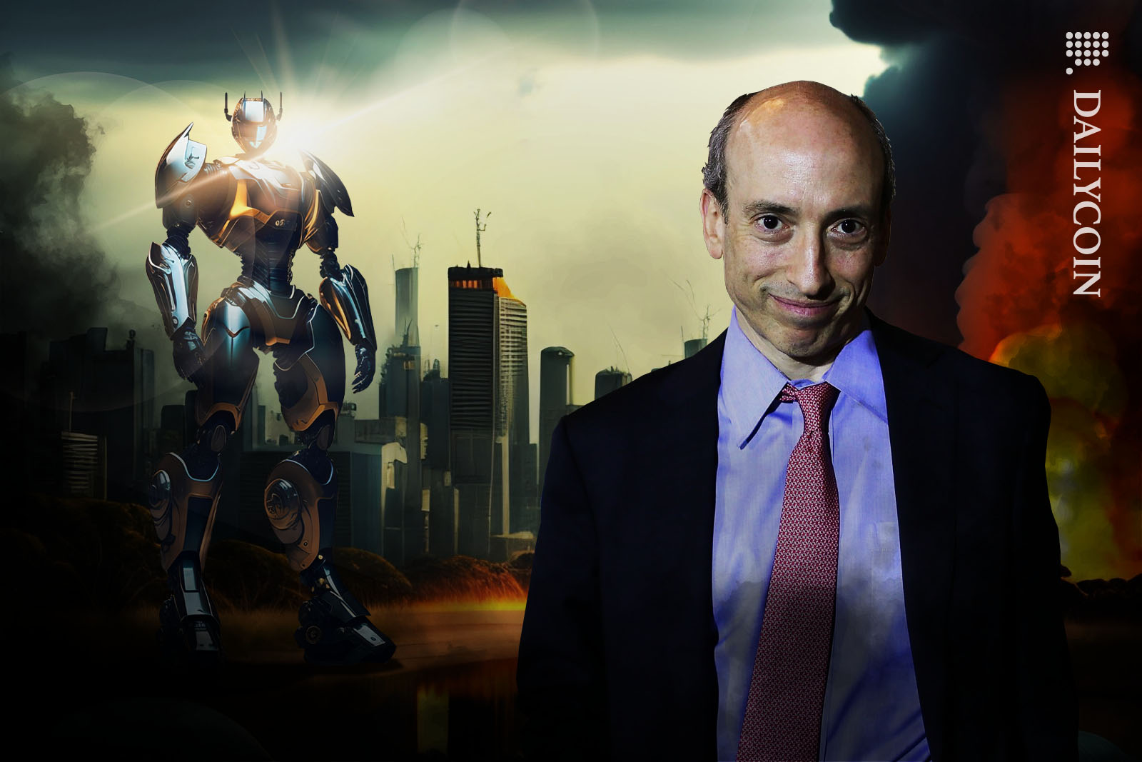 Gary Gensler smiling infront of a giant robot titan in a war torned landscape.