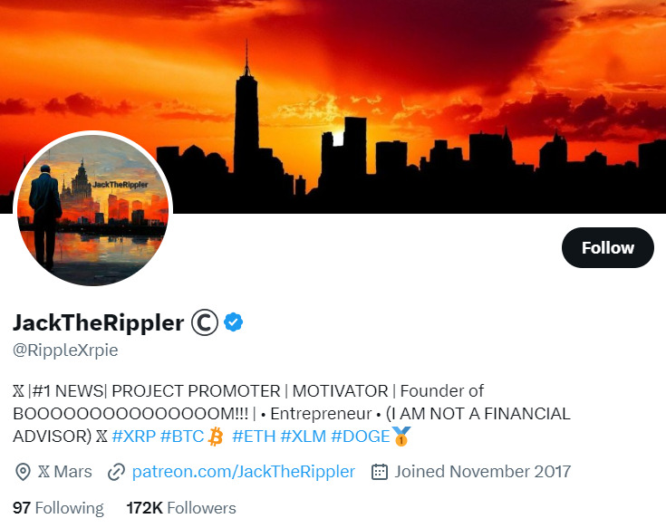 XRP influencer JacktheRippler X profile.