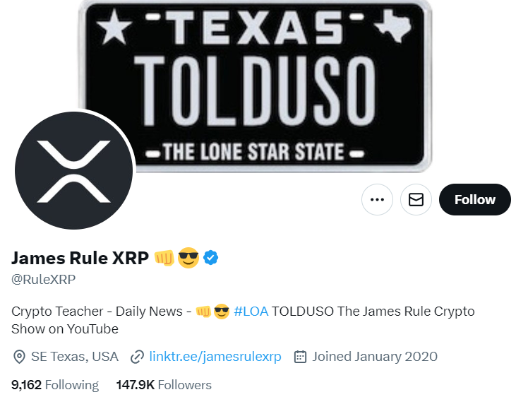 JamesRuleXRP ripple influencer X profile.
