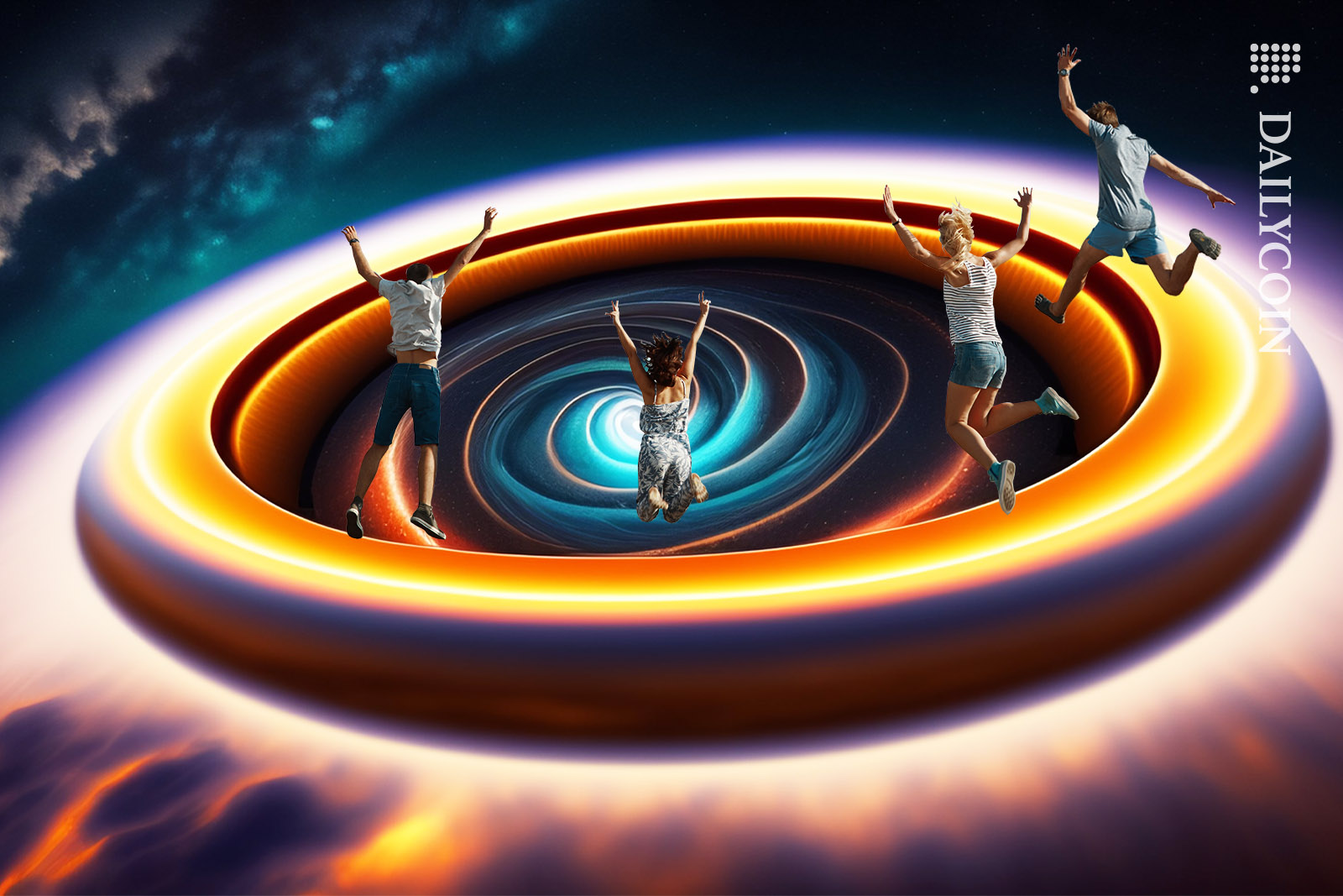 People jumping into a Stellar wormhole in space.