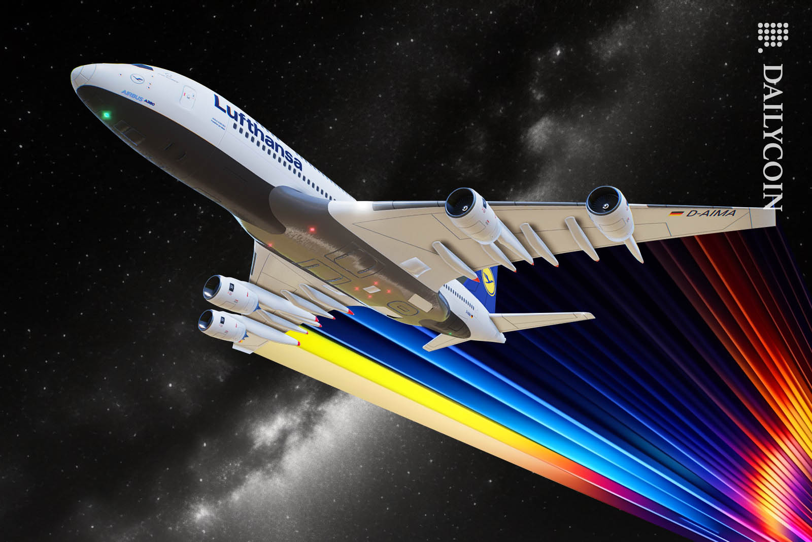Lufthansa airbus A380 flying accross the sky leaving a colourful trail behing it as it goes.