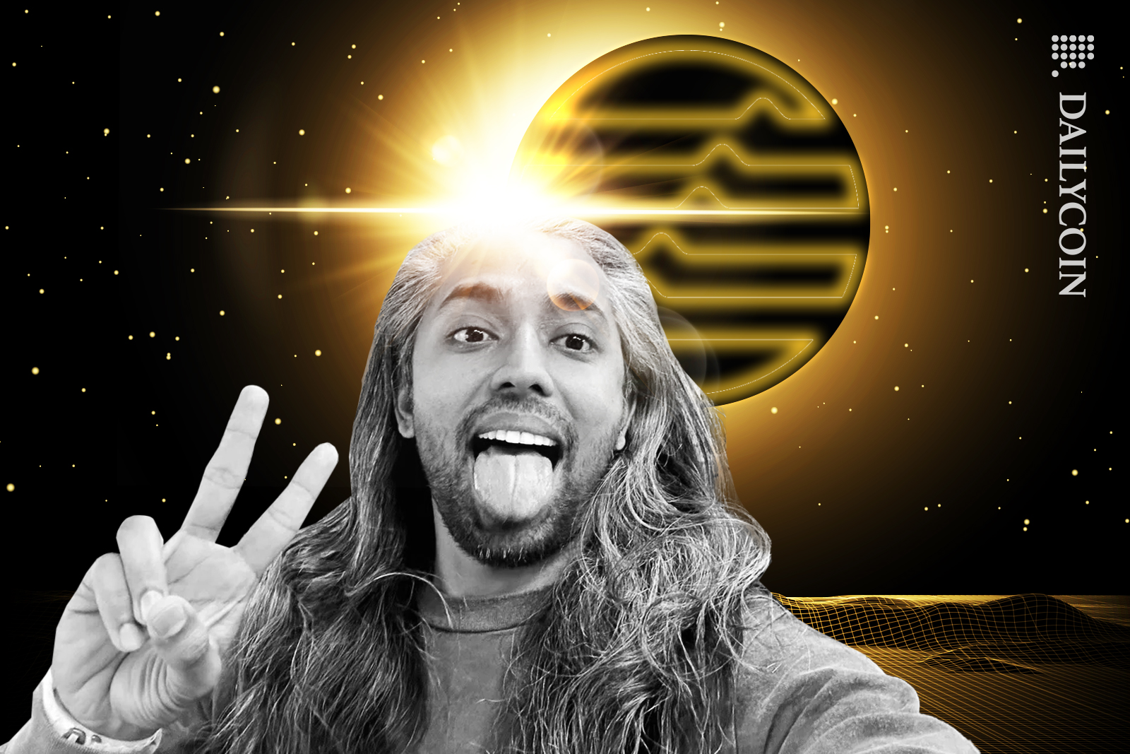 Mohammad Shaikh CEO of Aptos showing posing as his Aptos token is in the galaxy.