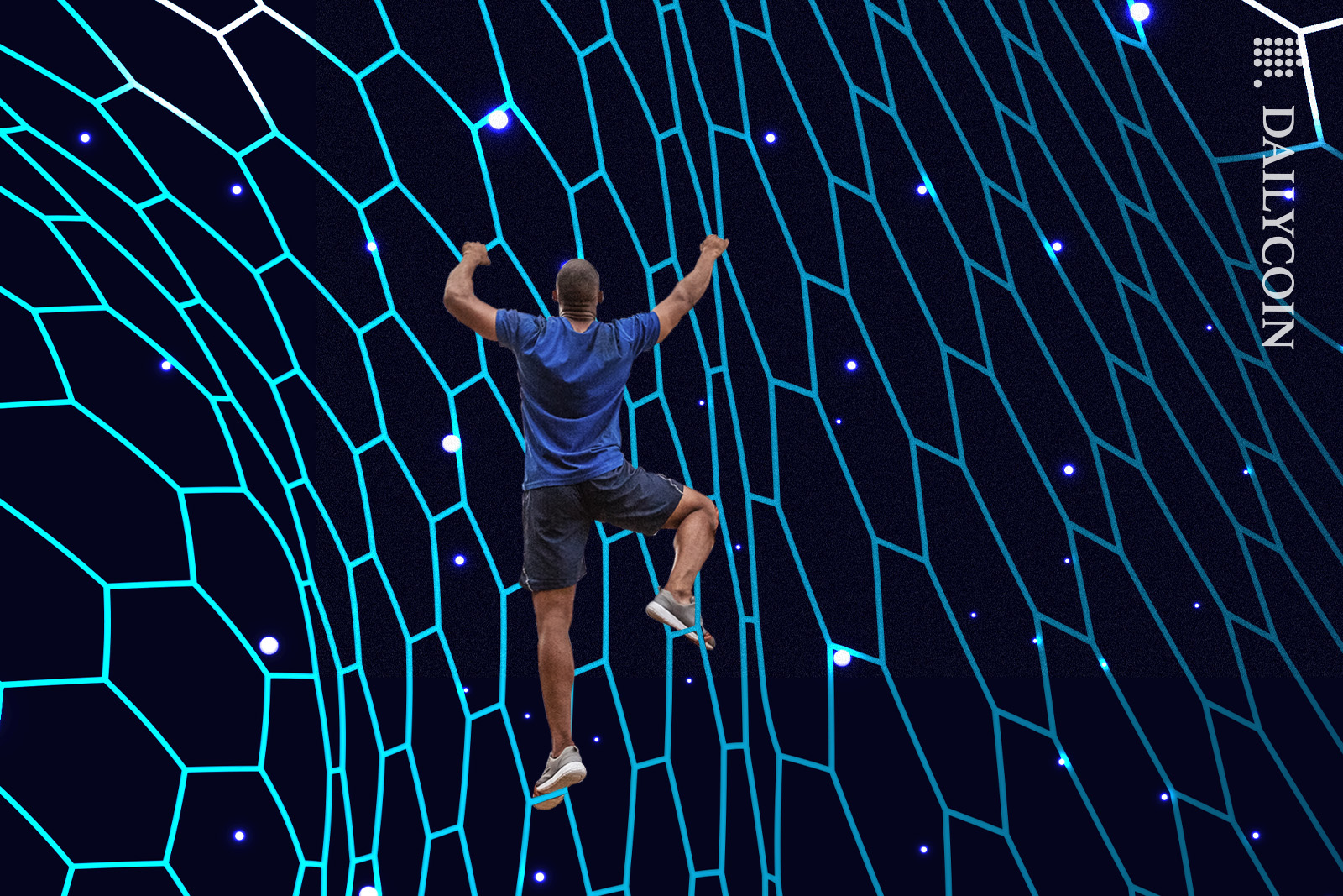 Man climbing up an endless digital net.