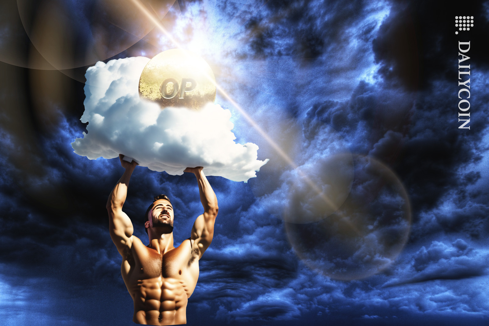 Well built man raising an Optimism coin on a white cloud.