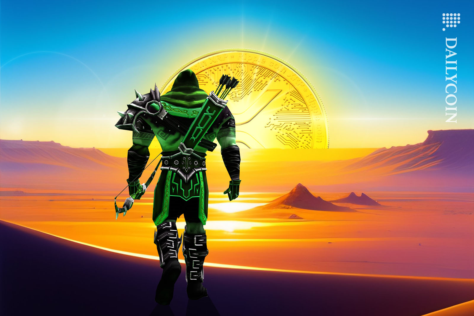 A big masculine XRP bull looking at the rise of the Ripple (XRP) coin on the horizon.