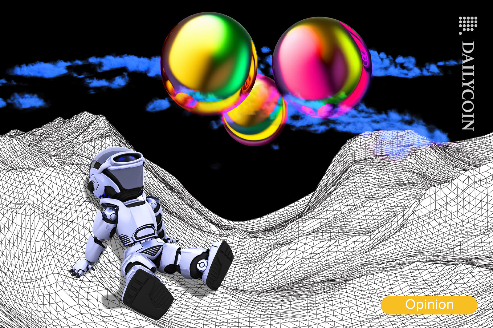 A small robot staring at a trio of shiny iridescent bubbles in the sky.