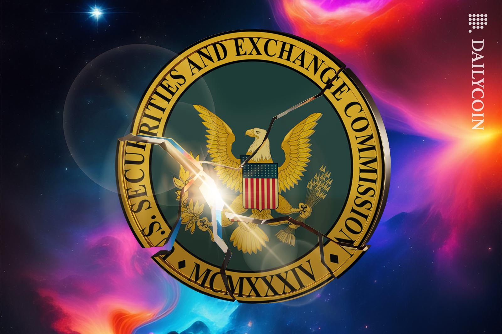 U.S. Securities and Exchange Commission logo falling apart in outter space.