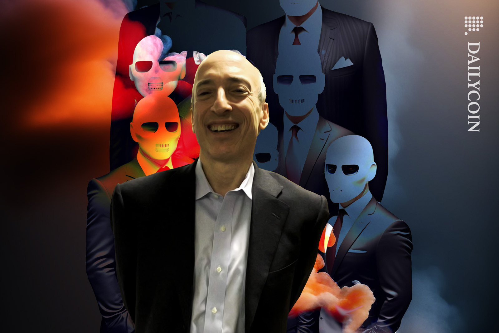 Gary Gensler standing infront of a gang of suited and masked individuals smiling.