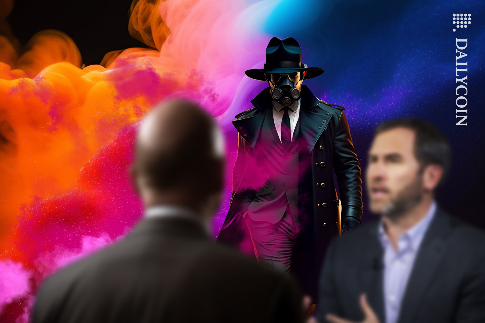 Gary Gensler and Brad Garlinghouse arguing in the foreground, whilst a mysterious character walking towards them.