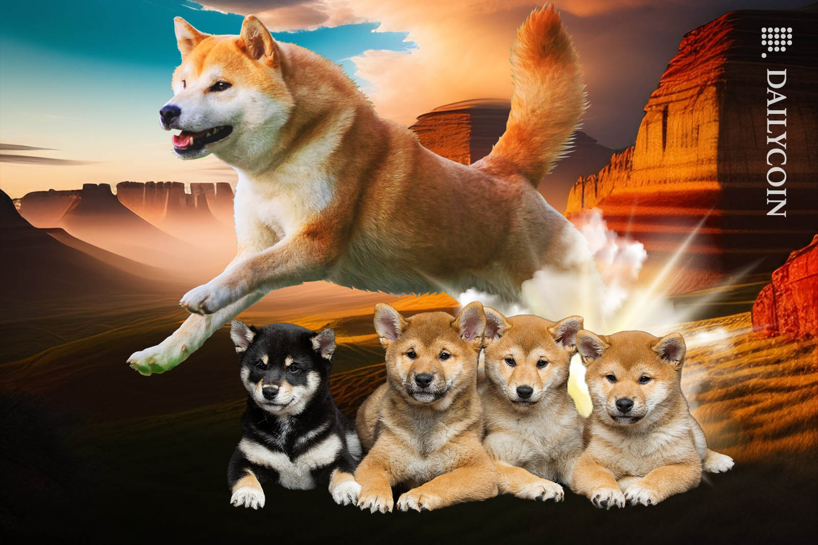 Shiba Inu jumping over some shiba inu puppies.