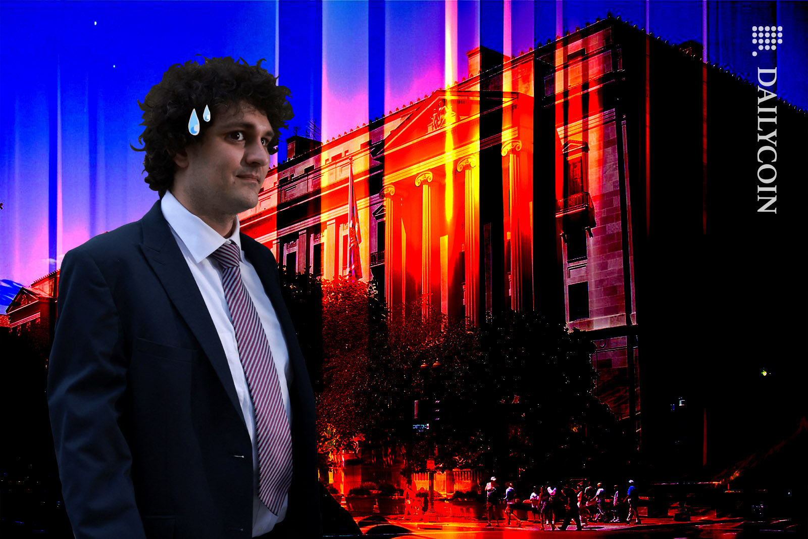 Sam Bankman Fried looking nervous in front of the department of justice building.