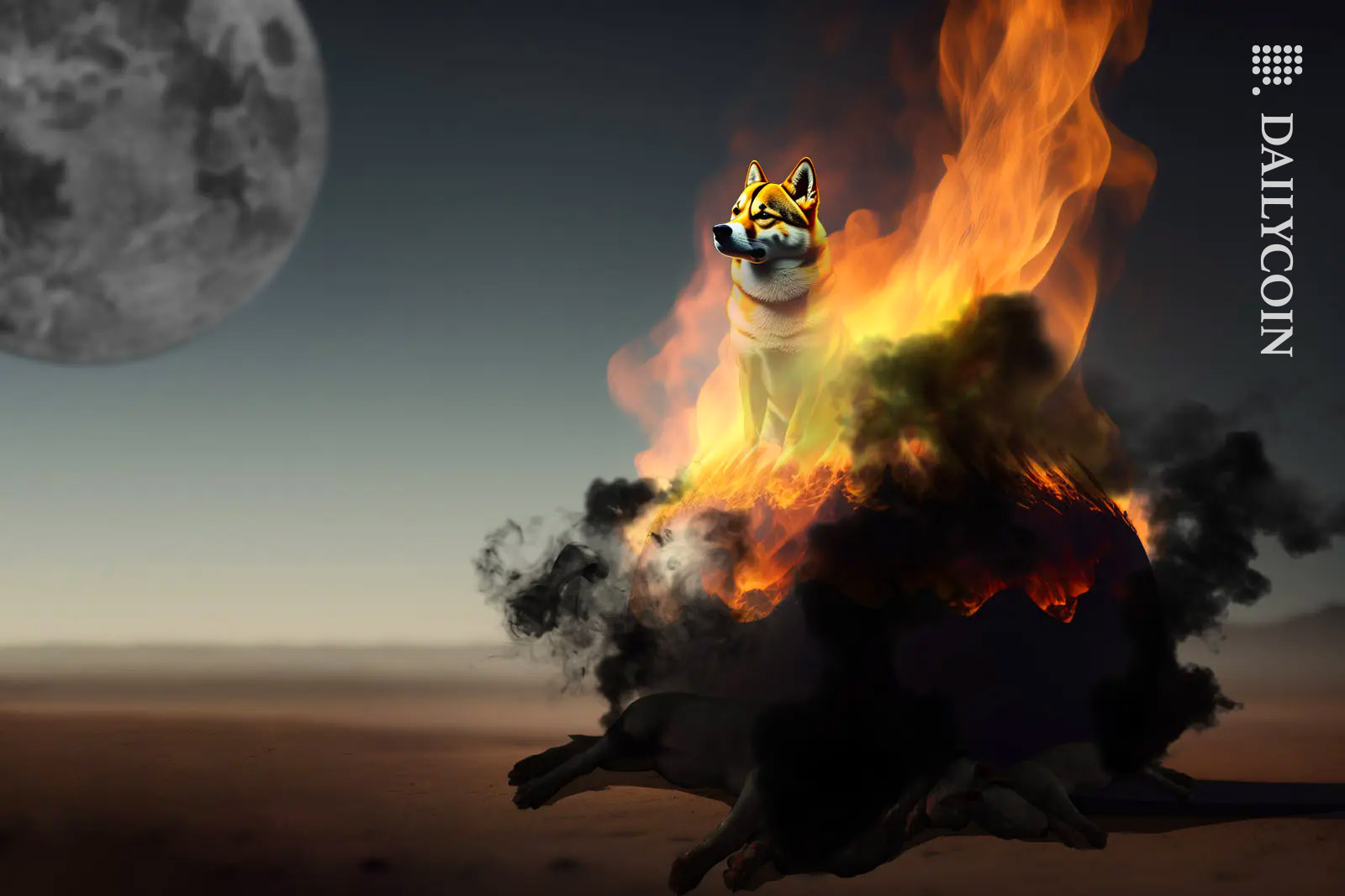 Pile of Shiba Inus burning in a barren landscape.