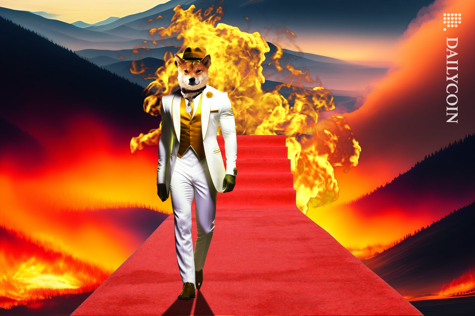 Shiba inu wearing a fancy white suit and hat walking down a catwalk.